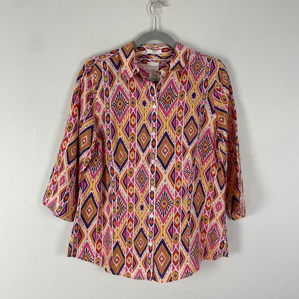 NWT Chico's No Iron Linen Shirt Size 0/ S Colorful Diamond Print 3/4 Sleeve Top